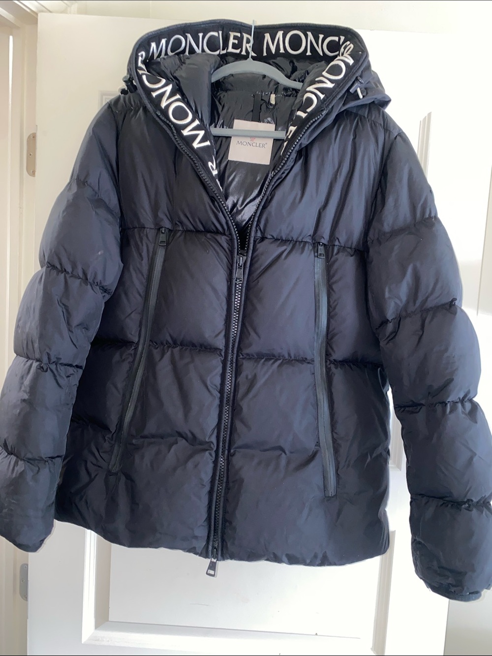 Moncler Black Quilted Down Jacket with Logo Hood Trim